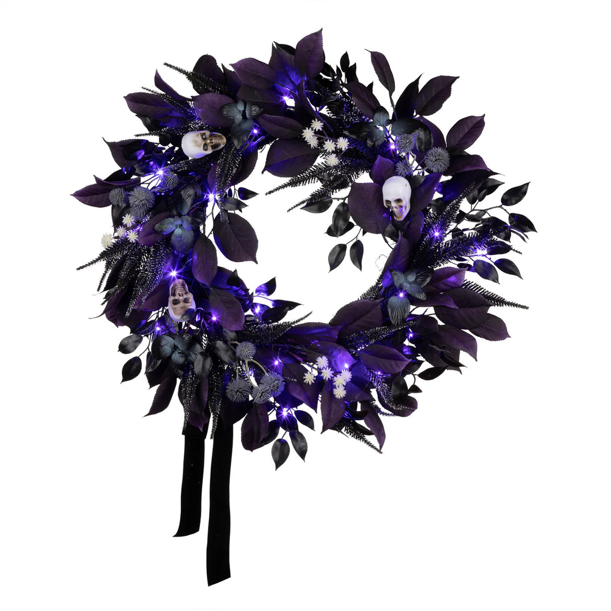 26IN Halloween Floral Mini Skull Wreath with Purple LED Lights