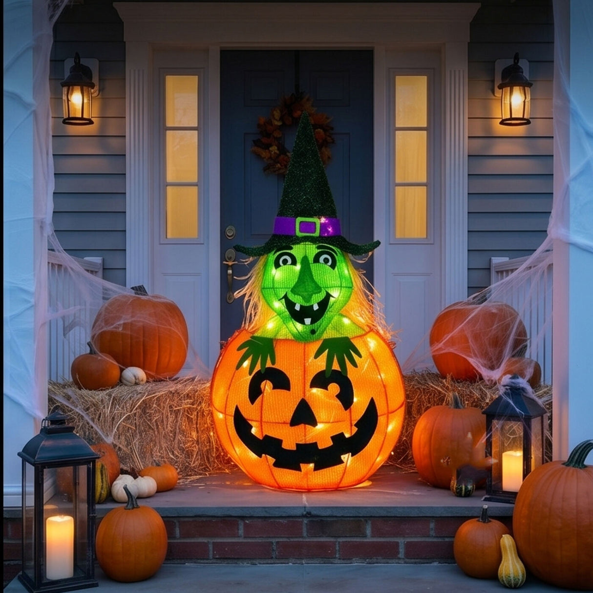 28 in. Halloween Pre-Lit Pumpkin and Witch Lighted Sign Decoration with LED Lights