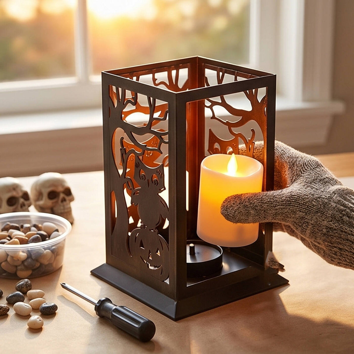 12 in. Halloween Carved Images Lantern with Owls, Pumpkins & Leafless Trees (LED Lights)