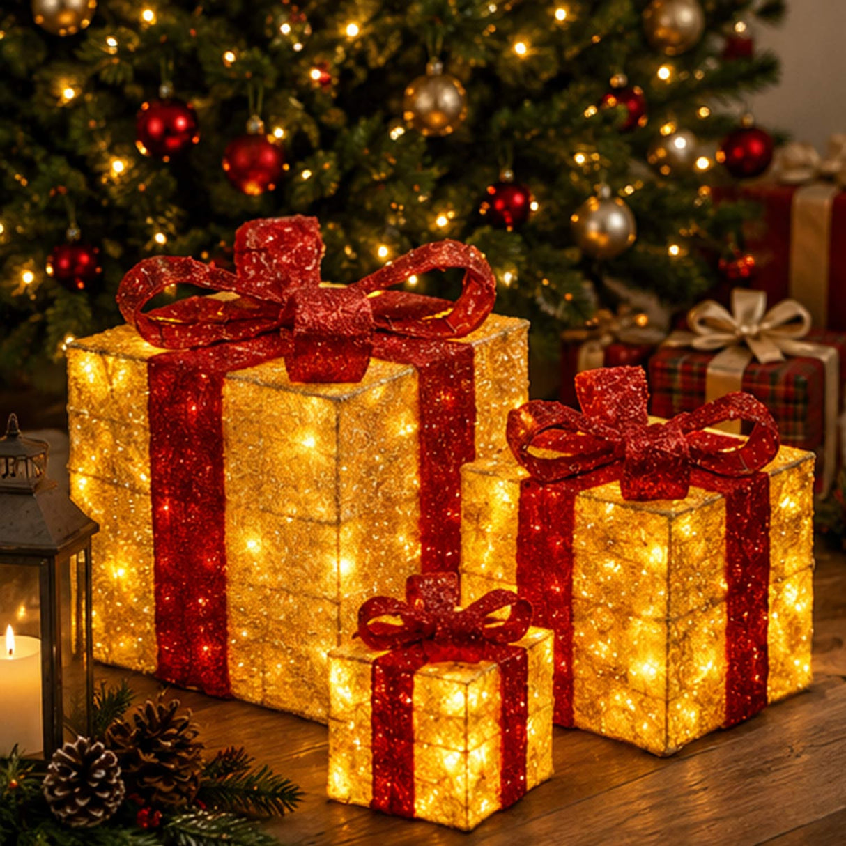 Pre-Lit Gold Gift Boxes Set of 3 with Red Bows 105 White Lights Christmas Decor Plug-In