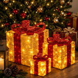 Pre-Lit Gold Gift Boxes Set of 3 with Red Bows 105 White Lights Christmas Decor Plug-In