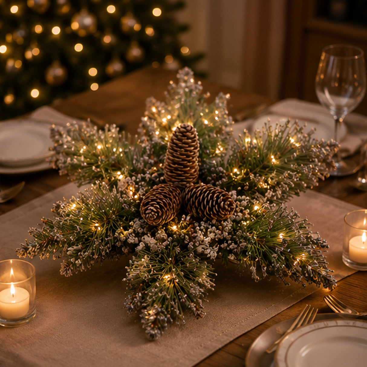 Pre-Lit 14 in. Glittery Bristle Pine Snowflake with Warm White LED Lights