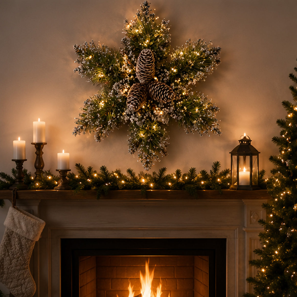 Pre-Lit 14 in. Glittery Bristle Pine Snowflake with Warm White LED Lights