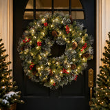 Pre-Lit 24 in. Crestwood Spruce Christmas Wreath with Warm White LED Lights, Battery Operated Timer Door Decoration