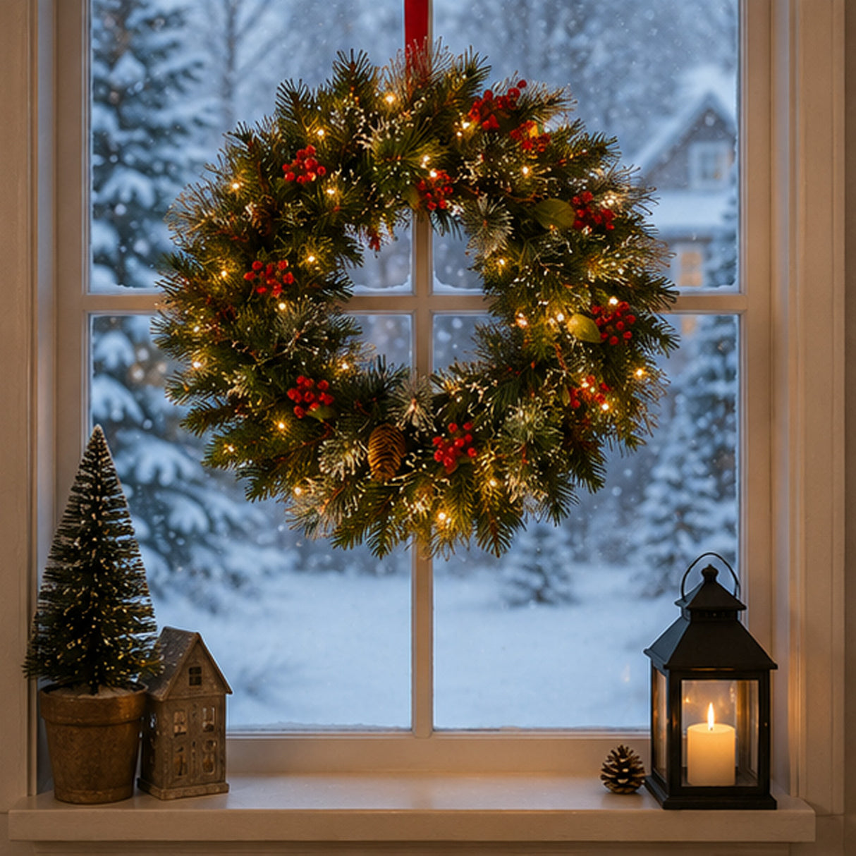 Pre-Lit Wintry Pine Wreath with Warm White LED Lights, 24 Inch