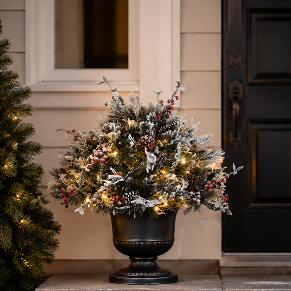 Pre-Lit Snowy Bedford Urn Filler with Warm White LED Lights, 22 Inch