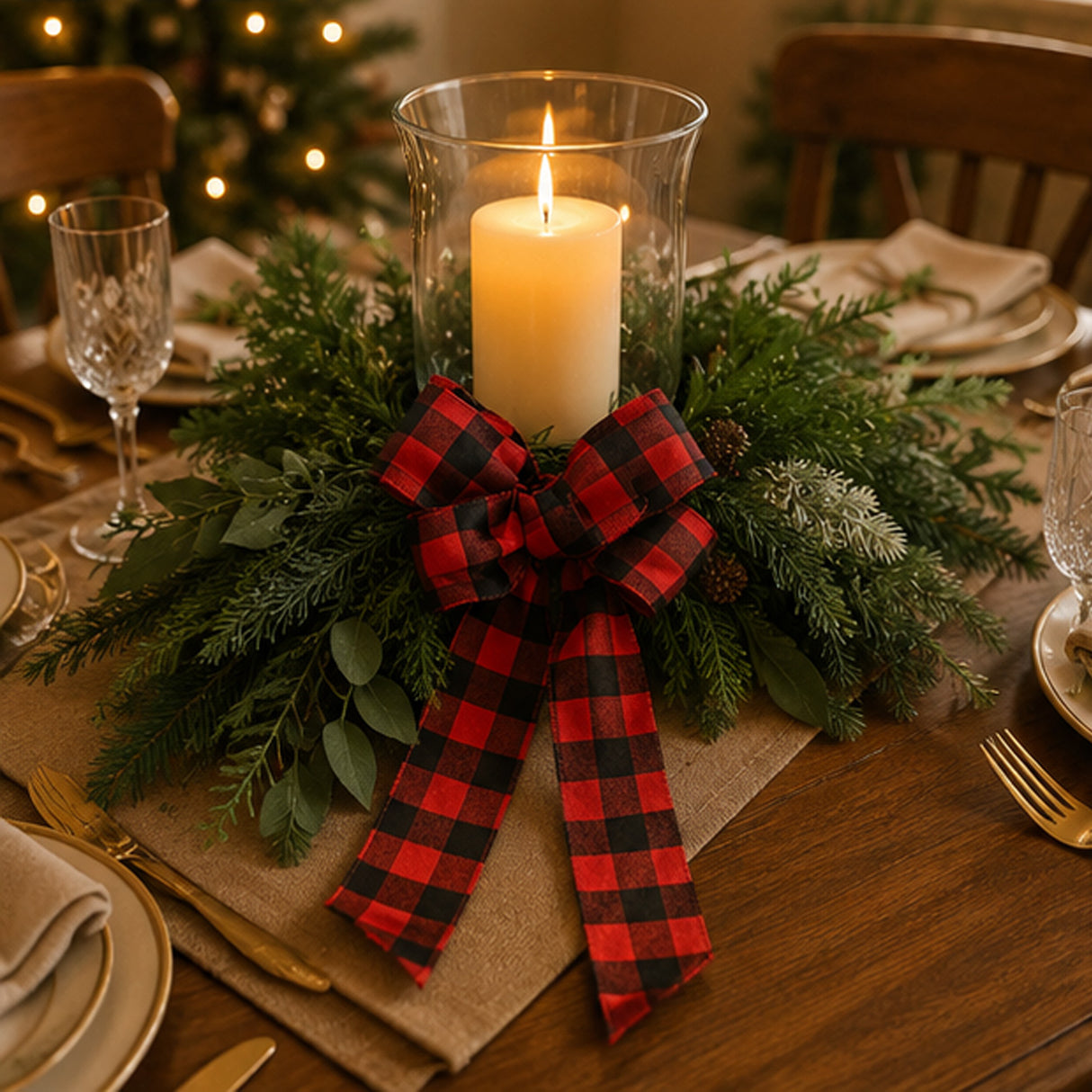 Mixed Pine Wreath with Buffalo Plaid Bow & Pinecones, 22 Inch Holiday Decor
