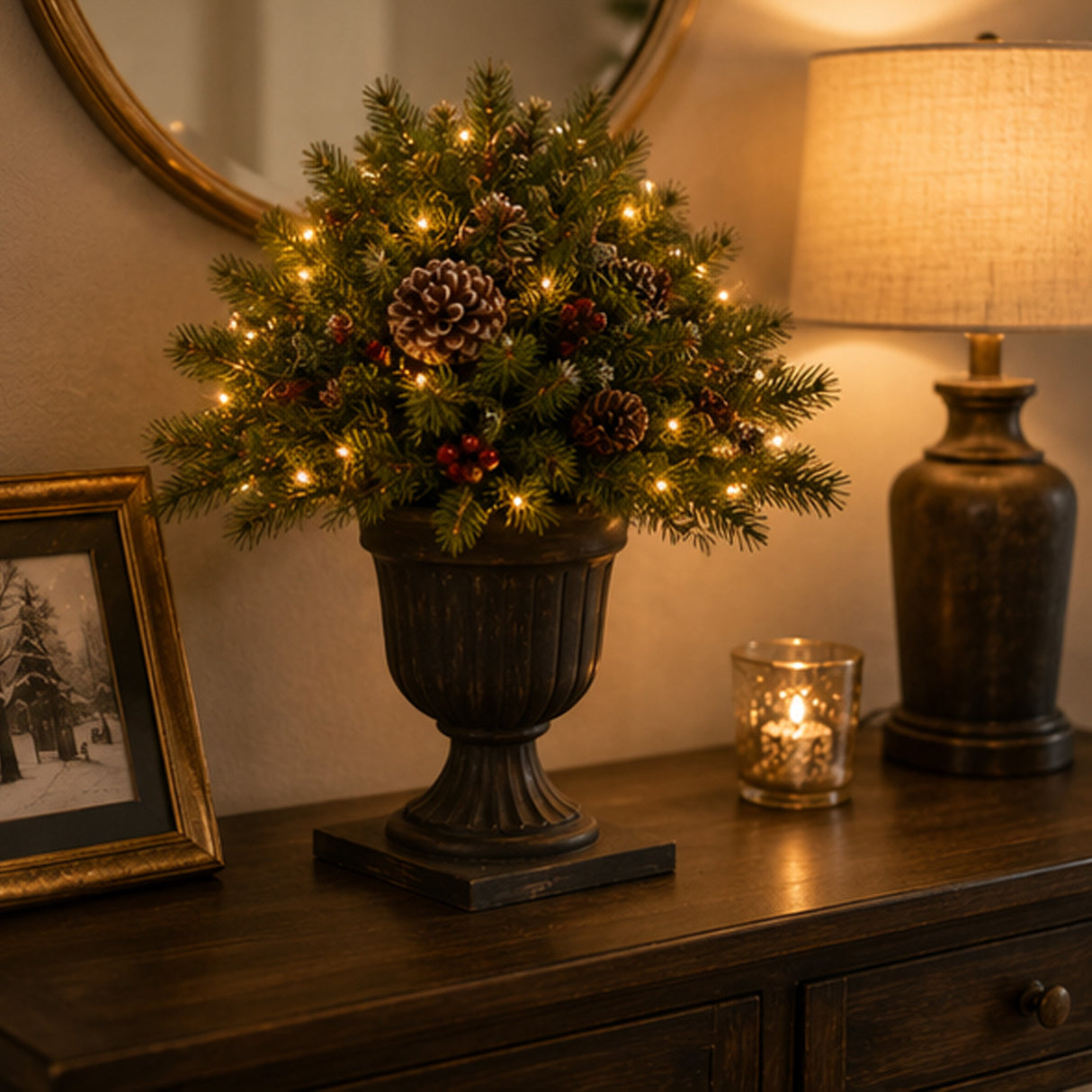 Pre-Lit Frosted Berry Porch Bush with Clear Lights & Urn Base, 24 Inch