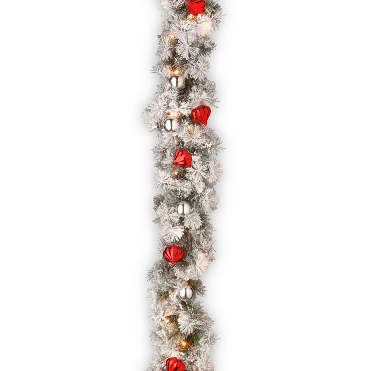 Pre-Lit Snowy Bristle Pine Garland with Ornaments & Clear Lights, 9 Foot