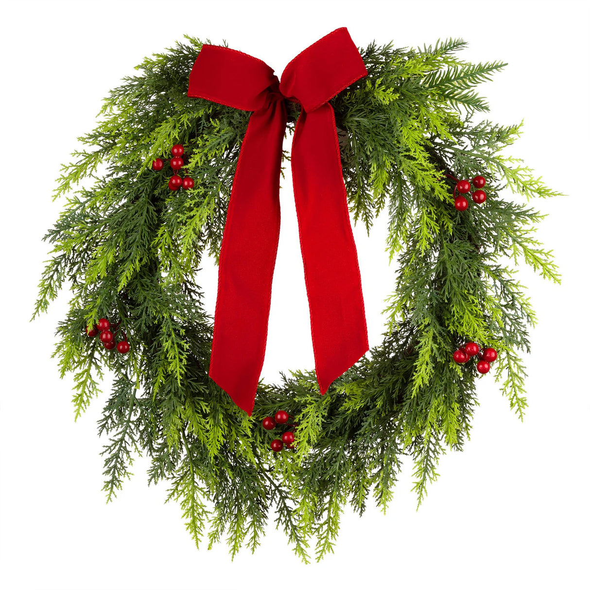 Pre-Lit Christmas Classic Wreath with Red Berries, Cypress & Bow, 24 Inch