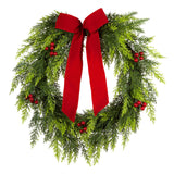 Pre-Lit Christmas Classic Wreath with Red Berries, Cypress & Bow, 24 Inch