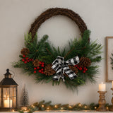 24in Mixed Pine Christmas Wreath with Berries, Pinecones & Plaid Bow