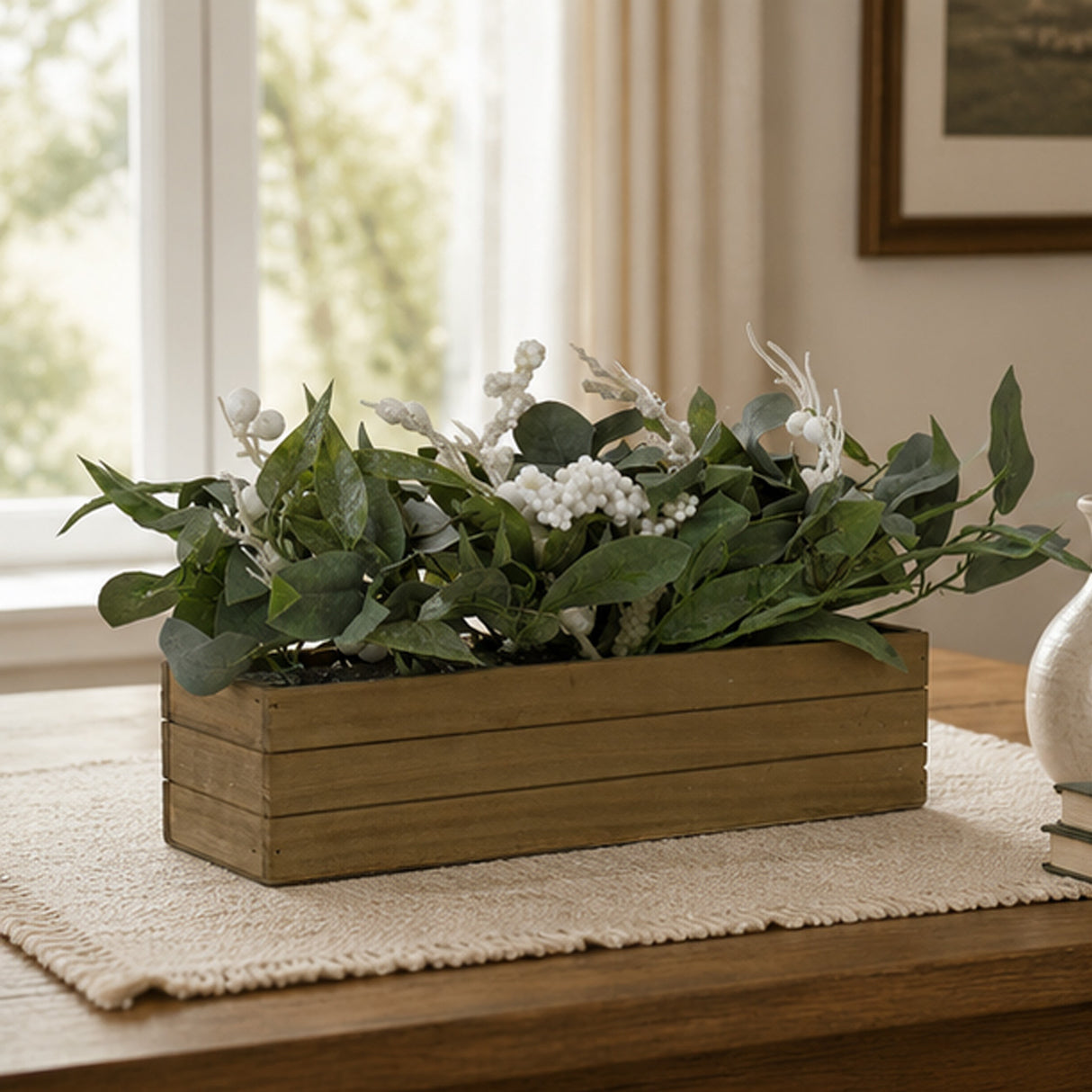 22in Christmas Greenery Planter Box with White Berry Centerpiece