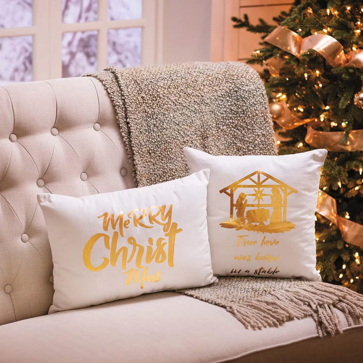 White with Gold Nativity Throw Pillow Set – 2 Pc Holiday Décor