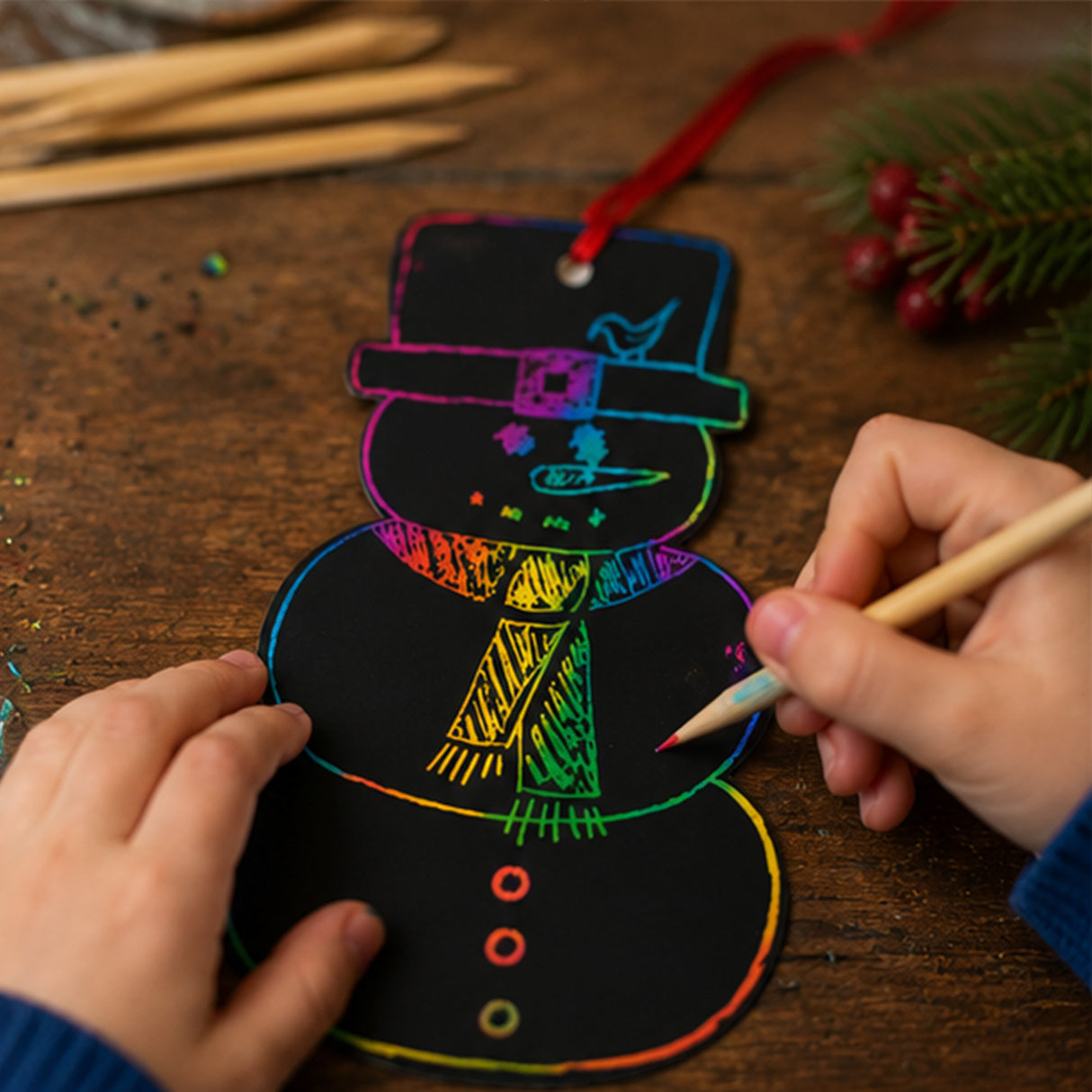 Magic Color Scratch Snowman Cardstock Christmas Ornaments 24 Pack Craft Kit