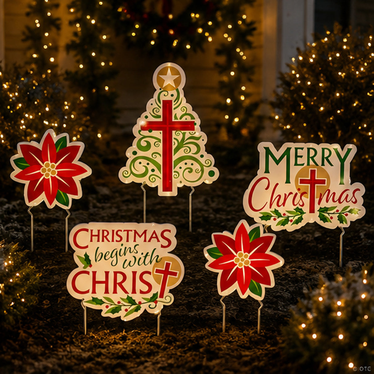 Religious Christmas Yard Sign Set Cross & Poinsettia 5 Pc