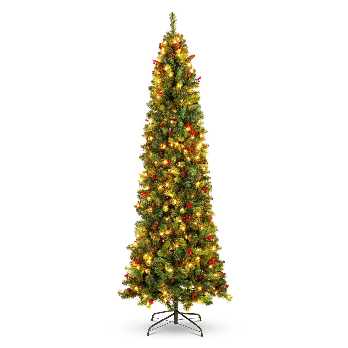 Pre Lit Spruce Pencil Christmas Tree with Pine Cones and Berries