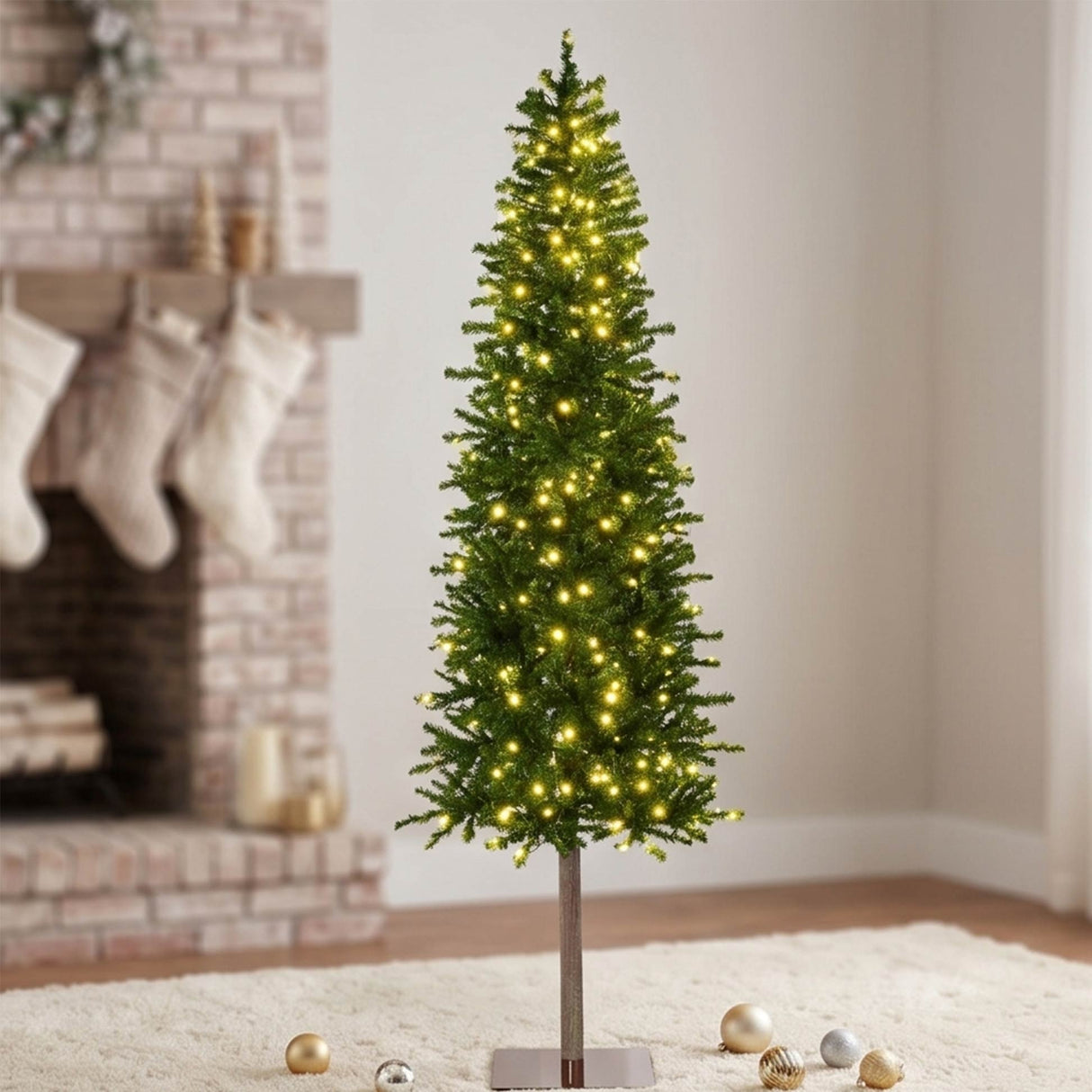 Pre Lit Artificial Alpine Slim Pencil Christmas Tree with LED Lights Stand