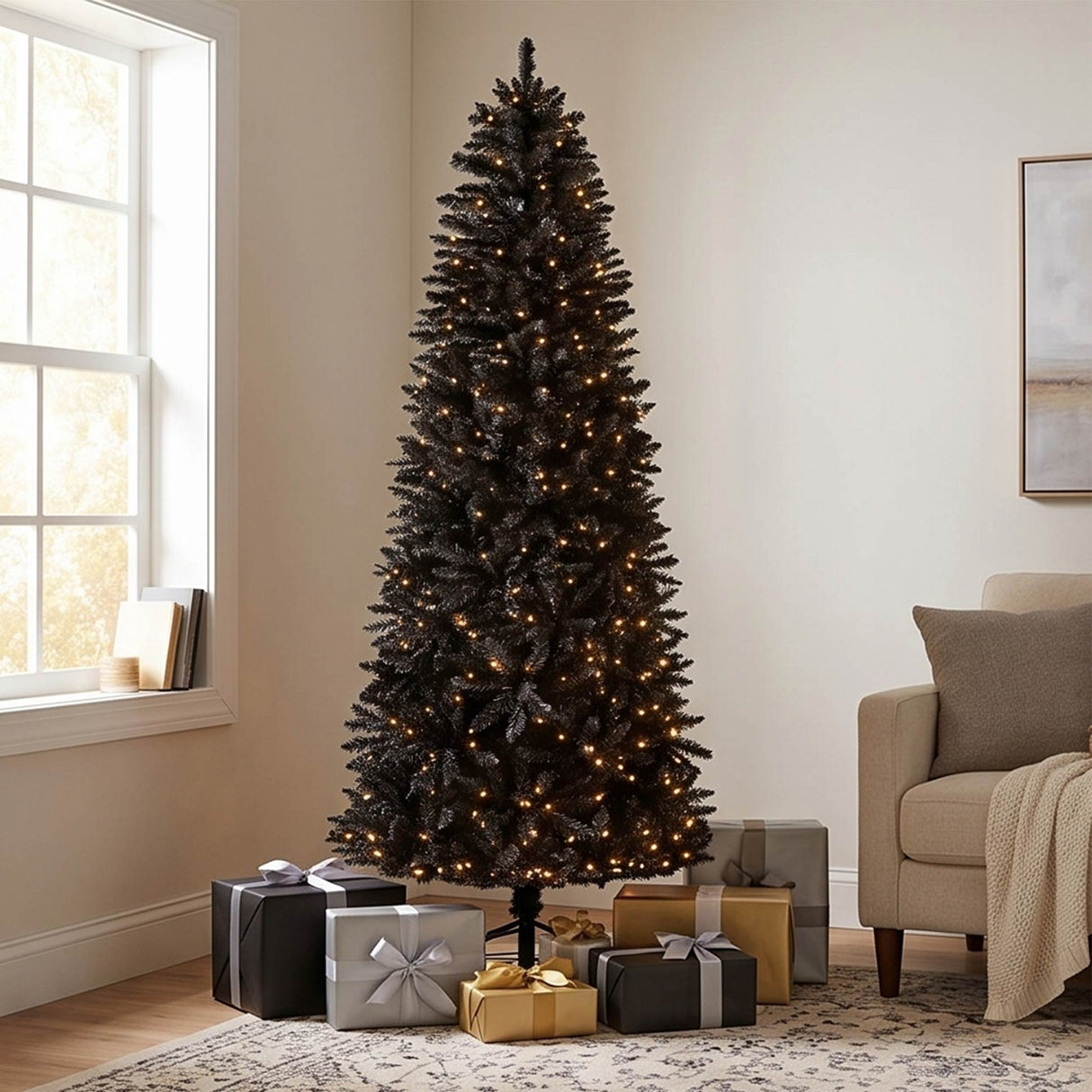 Black Artificial Pencil Christmas Tree Slim Space Saving Design