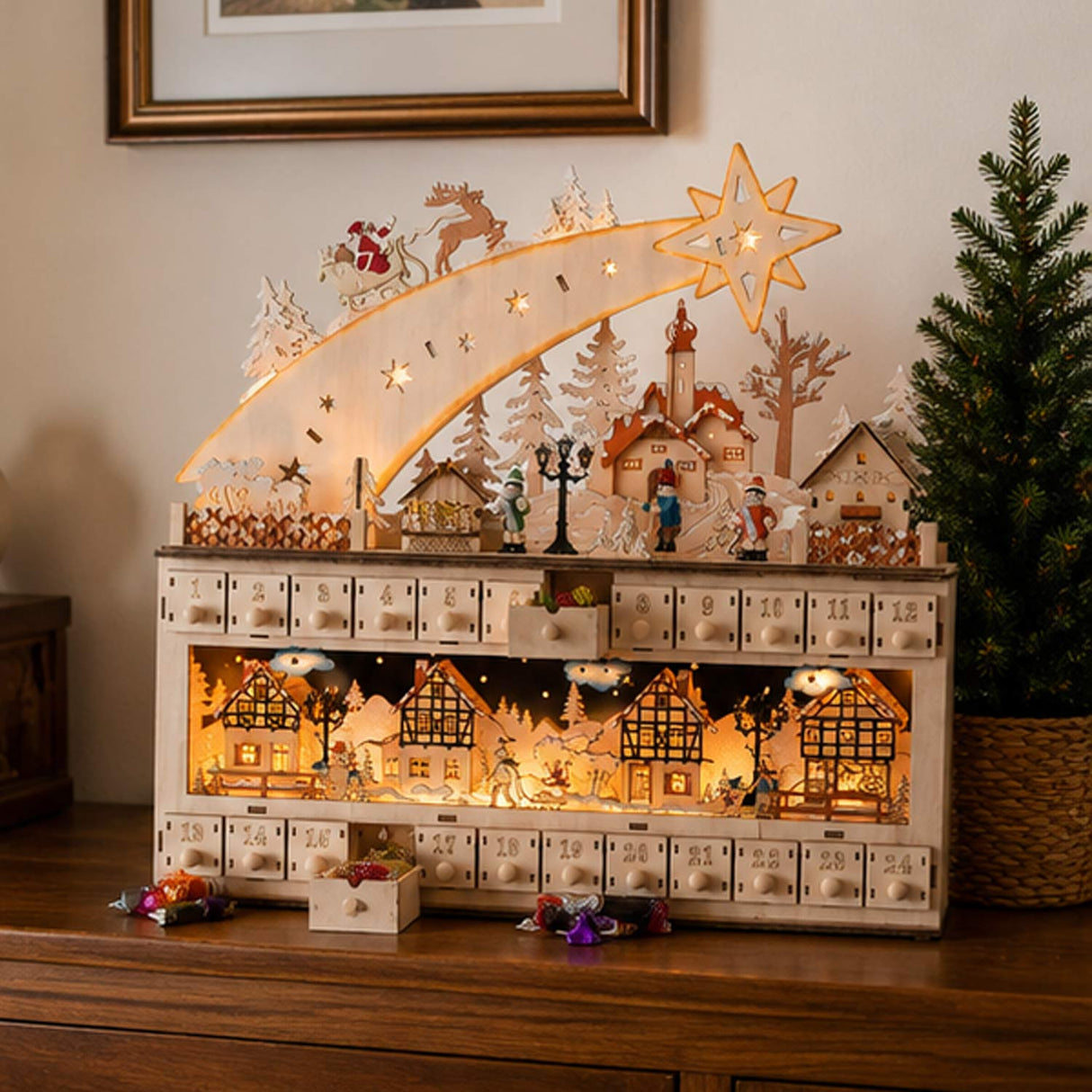 Wooden Christmas Shooting Star Advent Calendar with LED Light Background