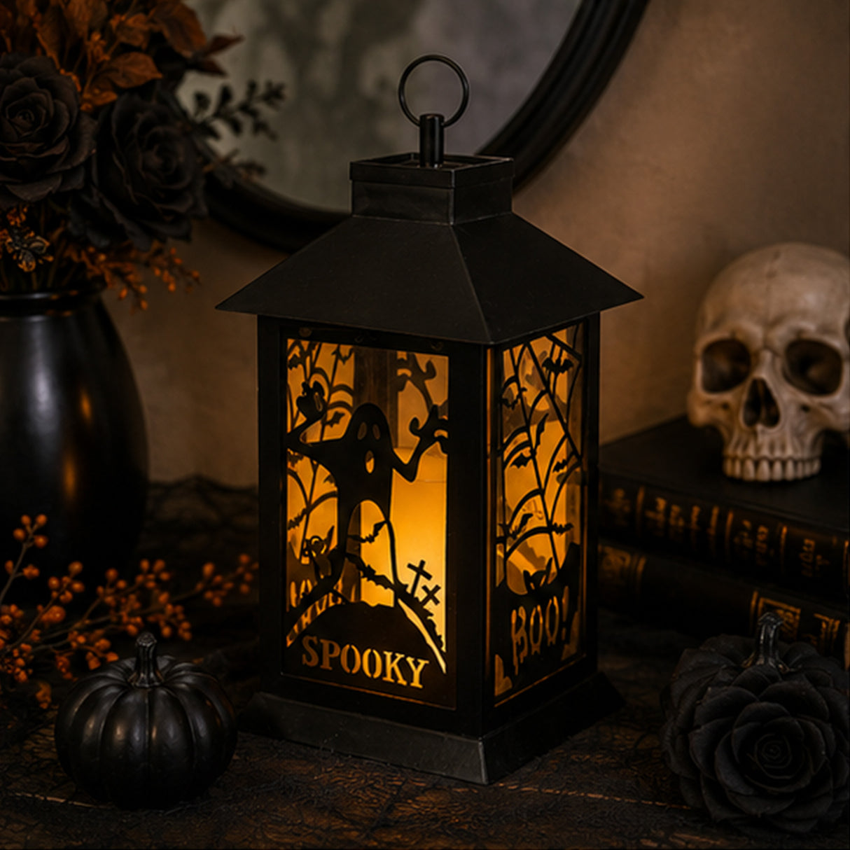 16 in. Halloween Carved Images of Ghosts and Cobwebs Lantern with LED Lights