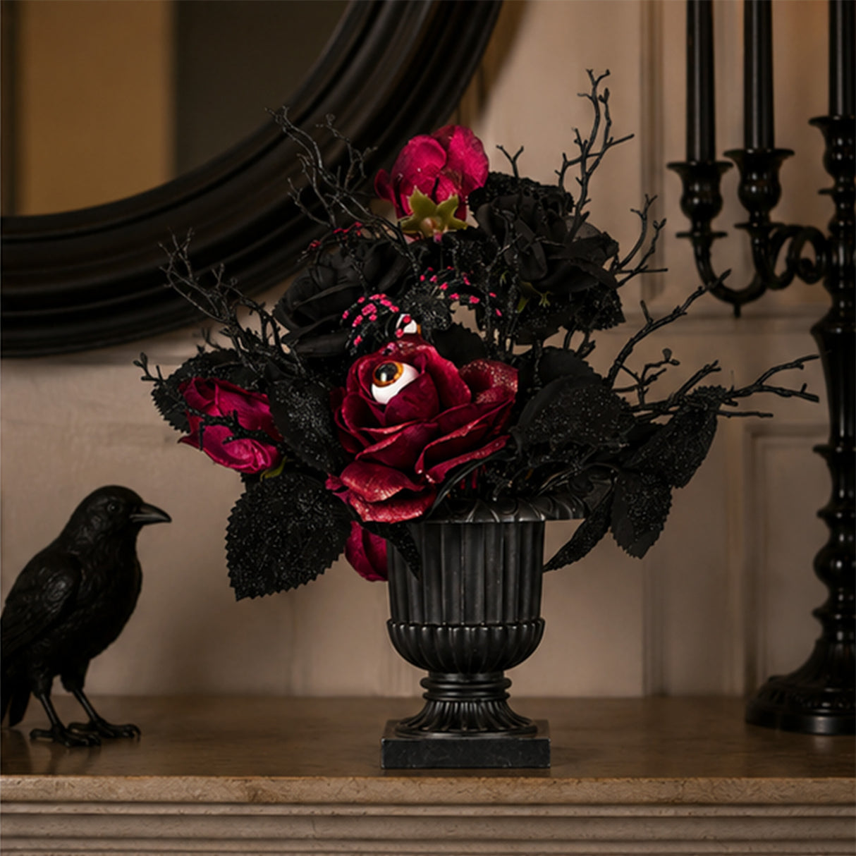 18 in. Halloween Rose Flowers Plant Decoration in a Black Urn