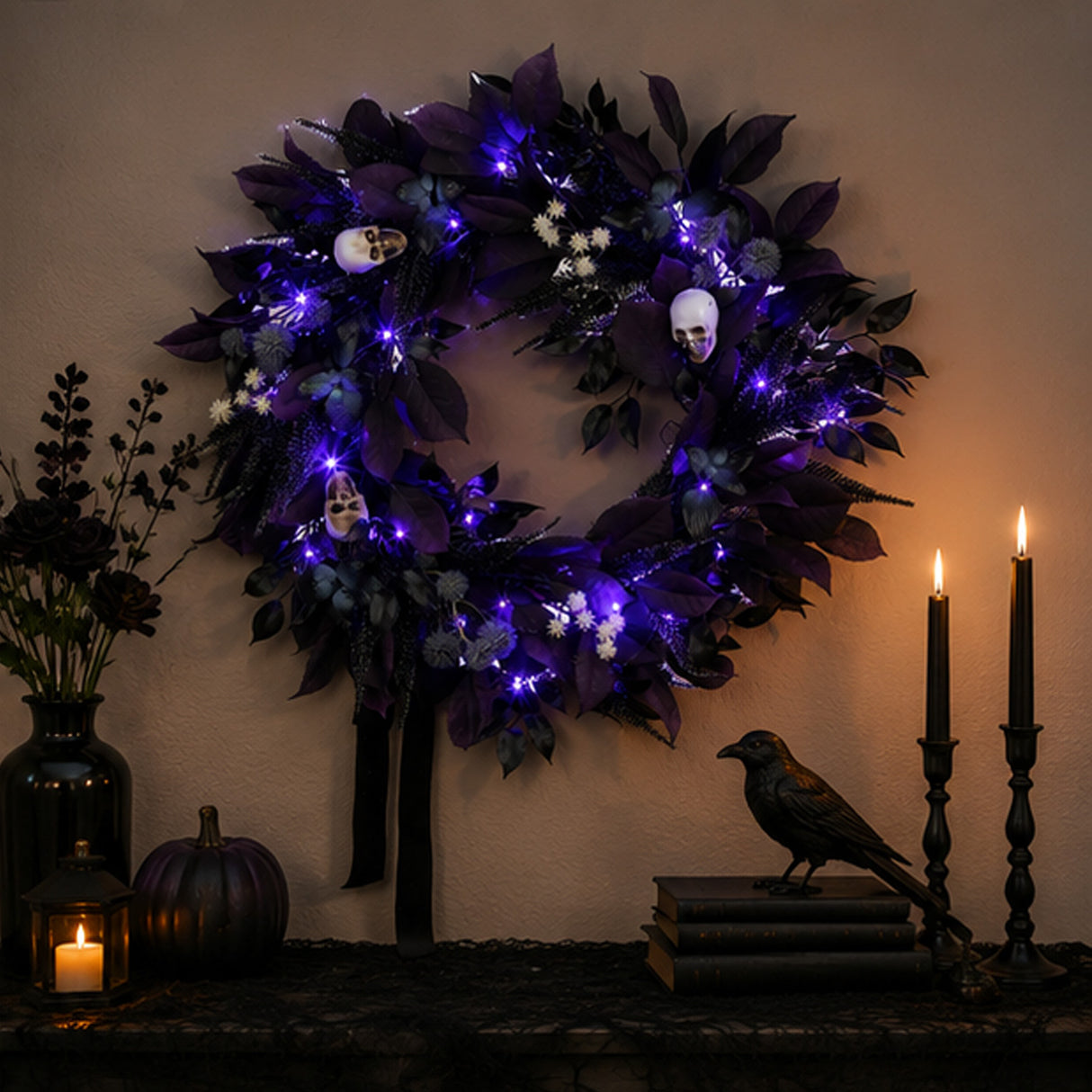 26IN Halloween Floral Mini Skull Wreath with Purple LED Lights