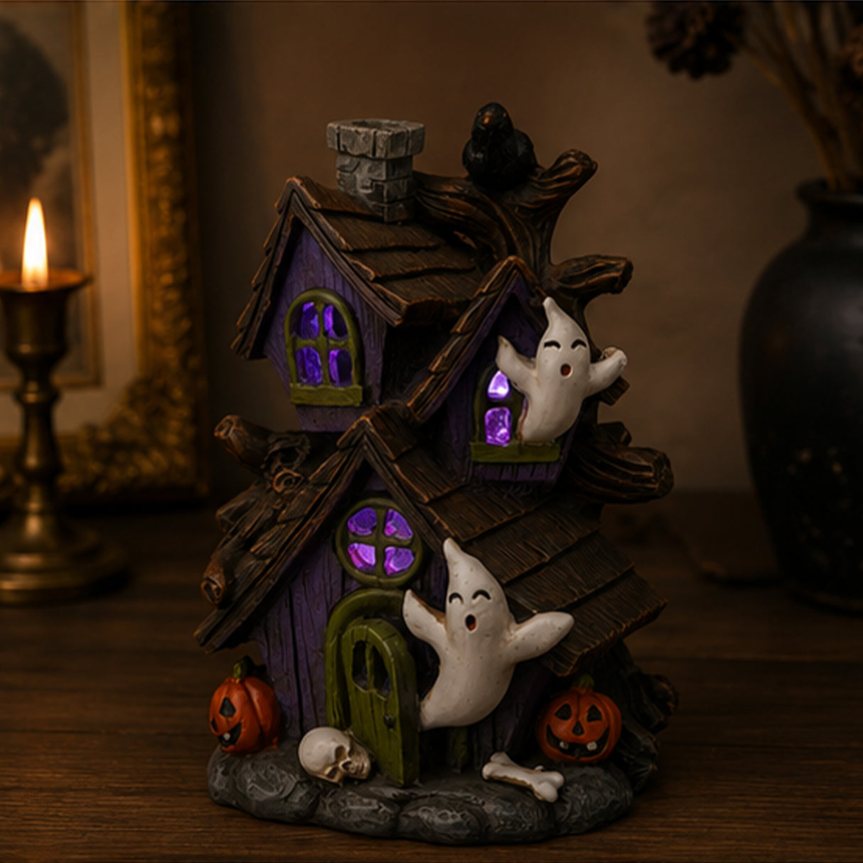 6IN Pre-Lit Purple Haunted House Halloween LED Tabletop Decor