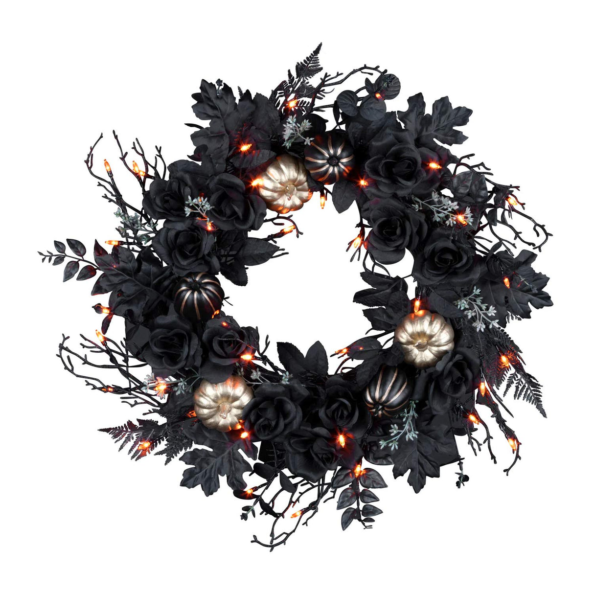 Halloween Chic Eek Black and Gold Wreath with LED Lights