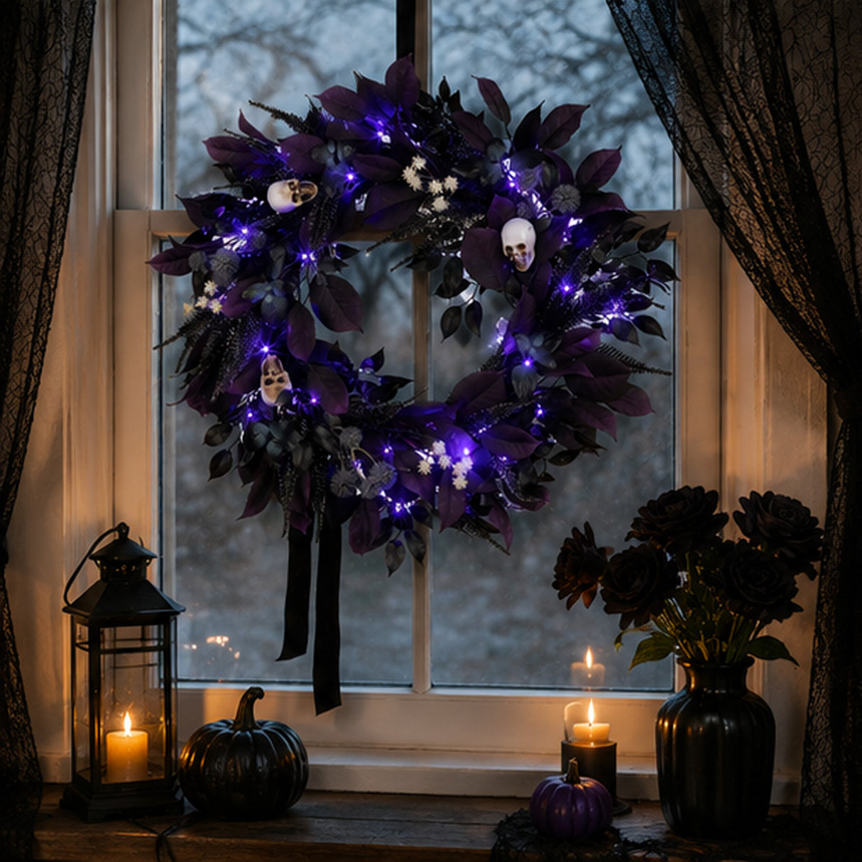 26IN Halloween Floral Mini Skull Wreath with Purple LED Lights
