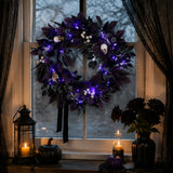 26IN Halloween Floral Mini Skull Wreath with Purple LED Lights