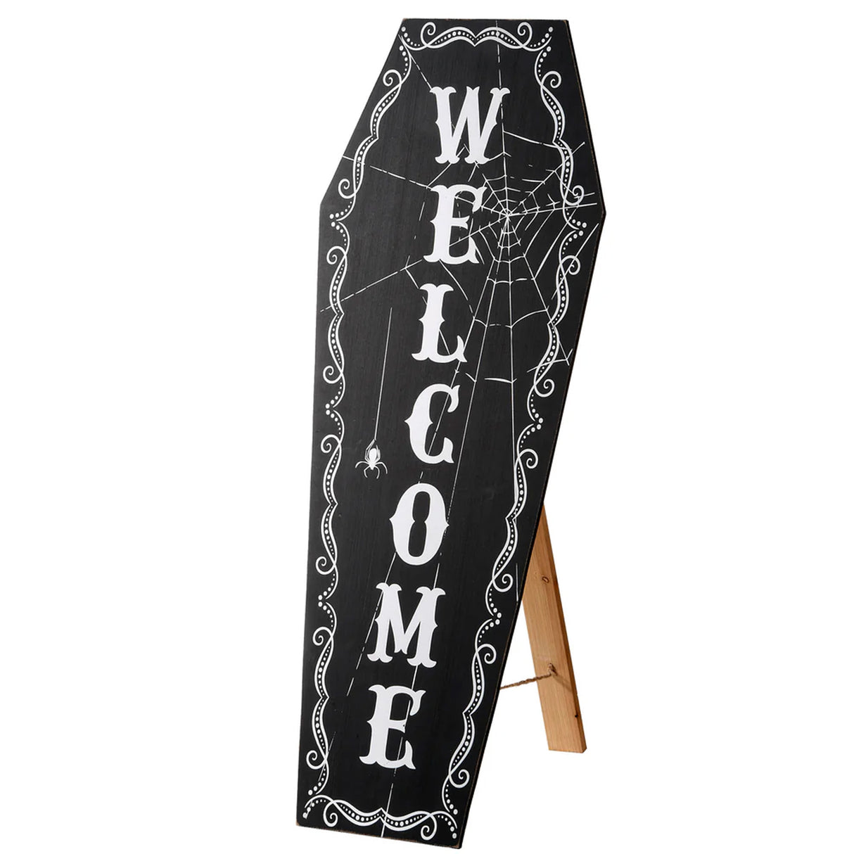 28 in. Halloween Black Coffin “Welcome” Standup Sign Decoration
