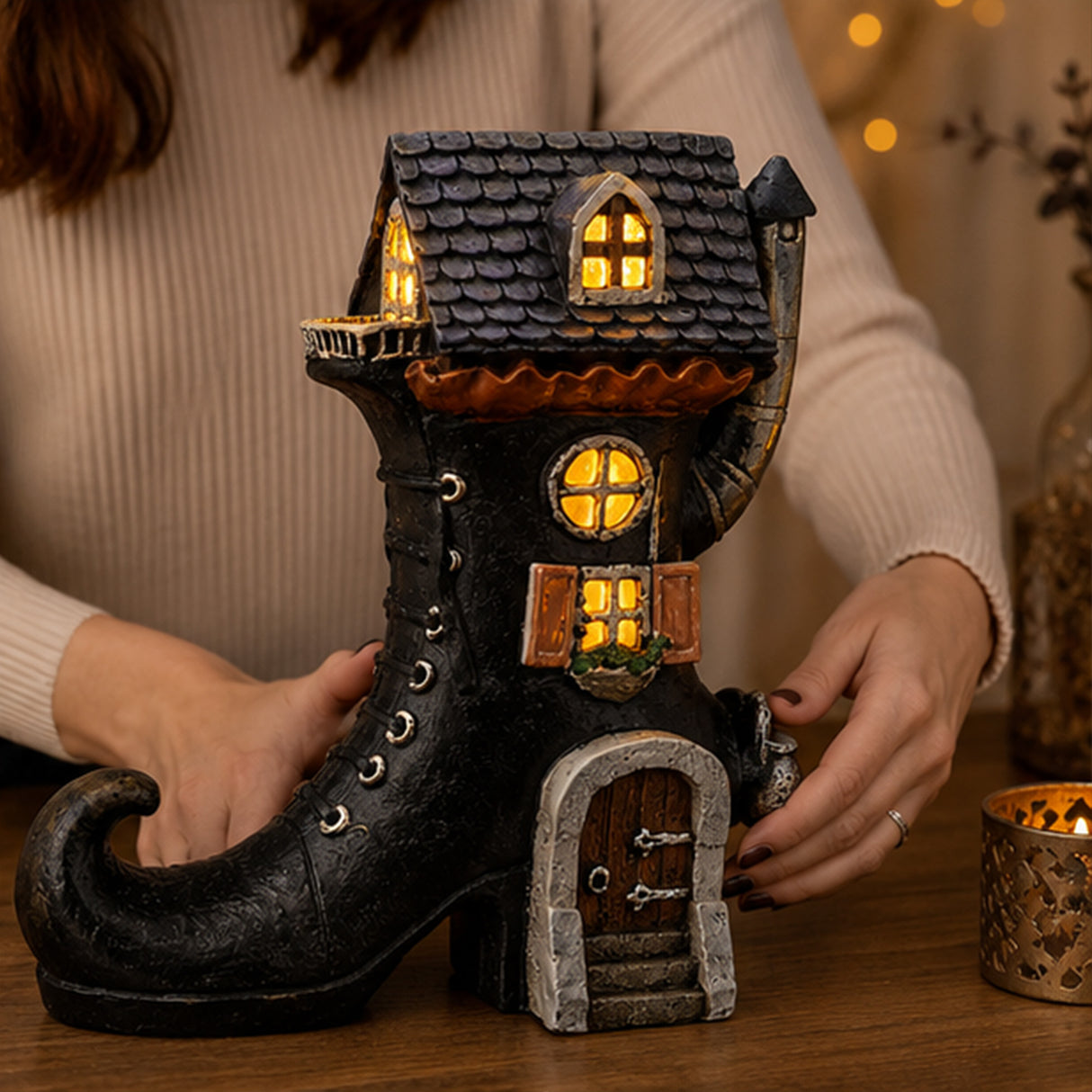 6IN Pre-Lit Haunted Boot House Halloween LED Decor
