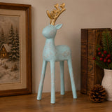 9IN Woodgrain Reindeer Figurine Blue with Gold Antlers Indoor Holiday Decor