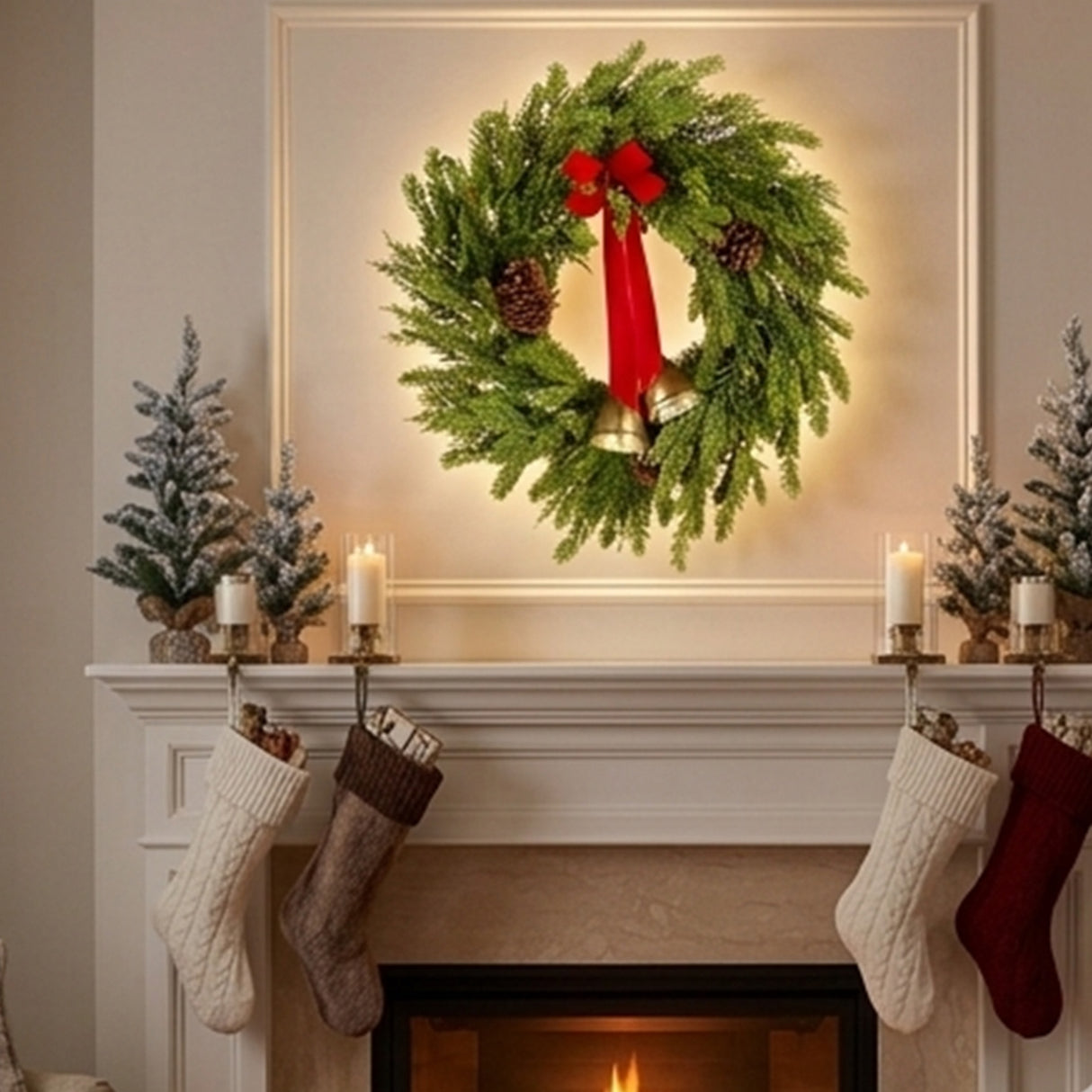 28IN Christmas Bells Pine Wreath with Red Bow and Gold Bells