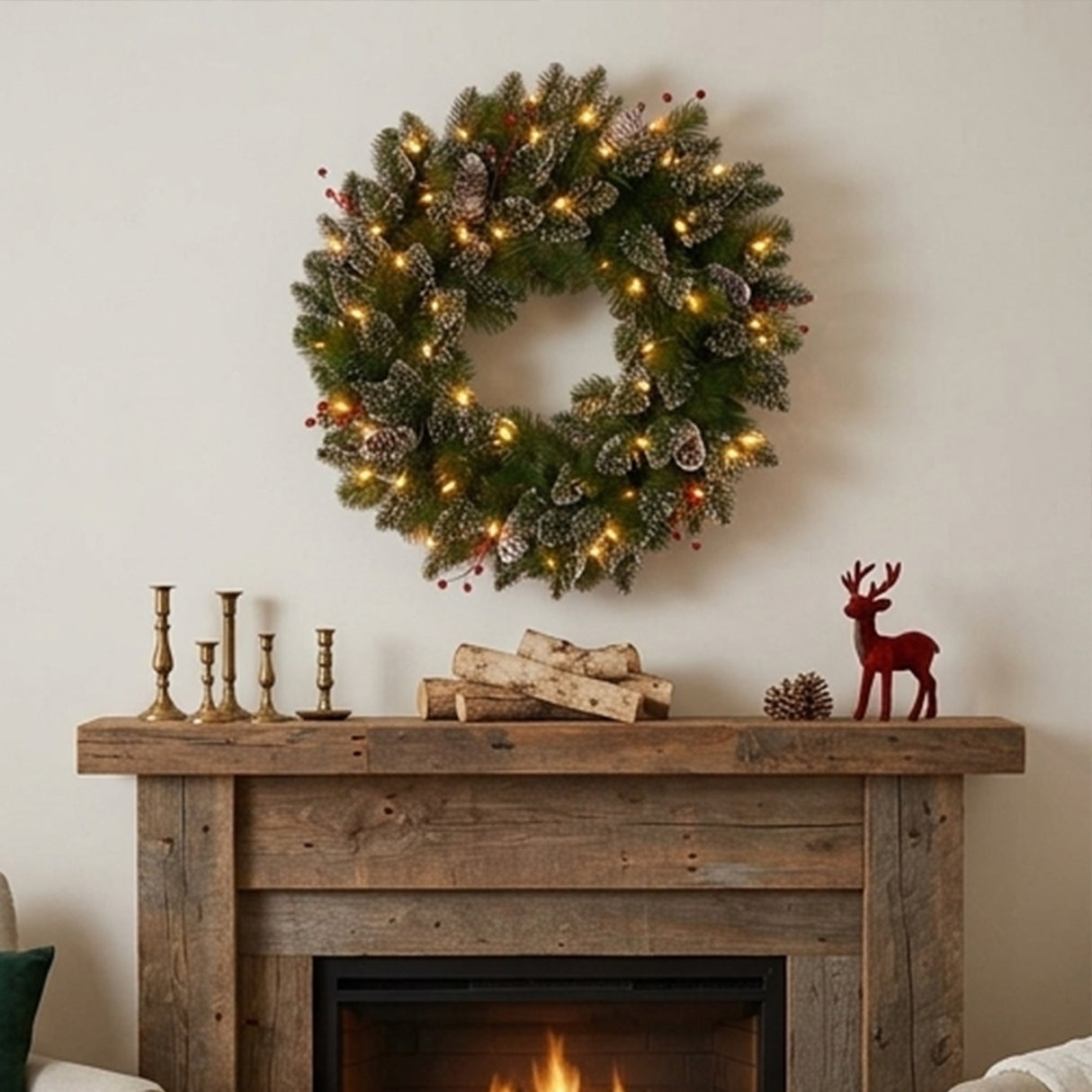 Pre-Lit 24 in. Glittery Mountain Spruce Christmas Wreath with Warm White LED Lights