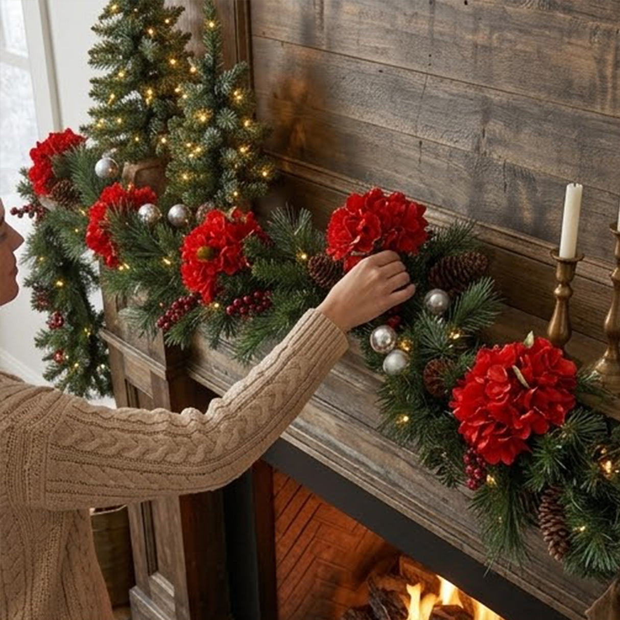 Pre-Lit Hydrangea Pine Garland with Warm White LED Lights, 9 Foot