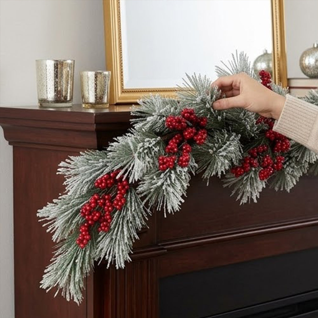 Snowy Pine Berry Plastic Garland, 8 Foot Decorative Christmas Garland