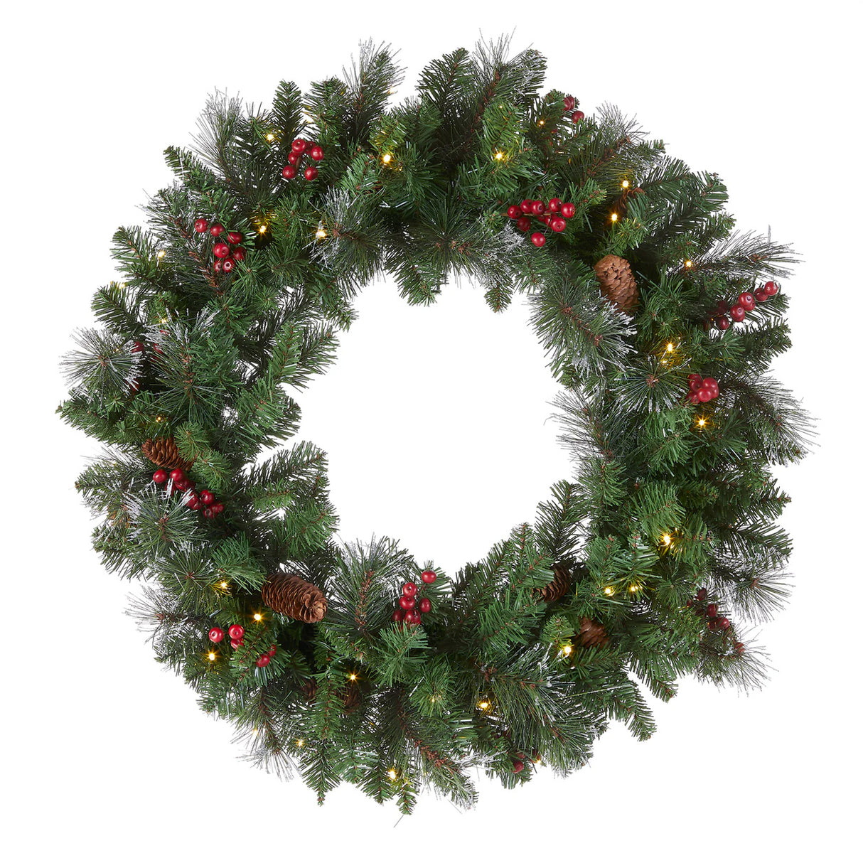Pre-Lit Crestwood Spruce Wreath with Warm White LED Lights, 30 Inch