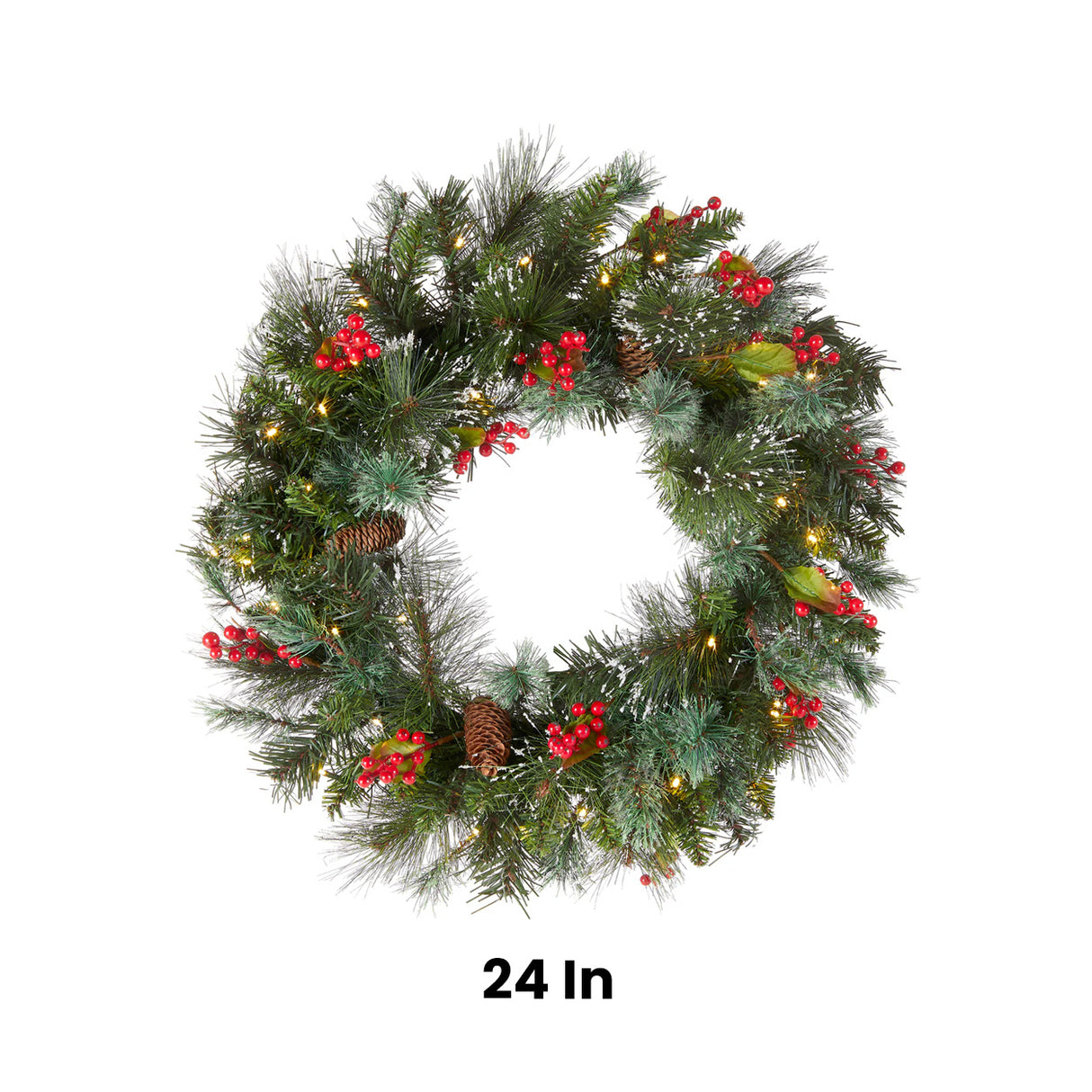 Pre-Lit Wintry Pine Wreath with Warm White LED Lights, 24 Inch