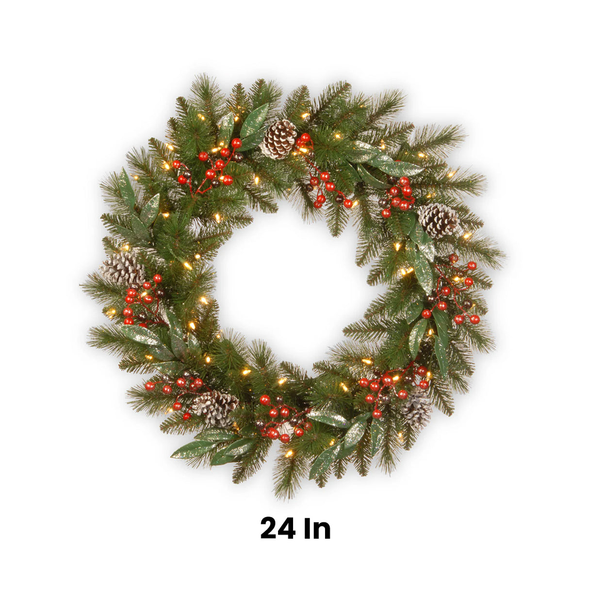 Pre-Lit Frosted Pine Berry Wreath with Warm White LED Lights, 24 Inch