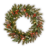 Pre-Lit Frosted Pine Berry Wreath with Warm White LED Lights, 24 Inch