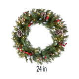 Pre-Lit Frosted Berry Wreath with Clear Lights, 24 Inch (Plug-In)