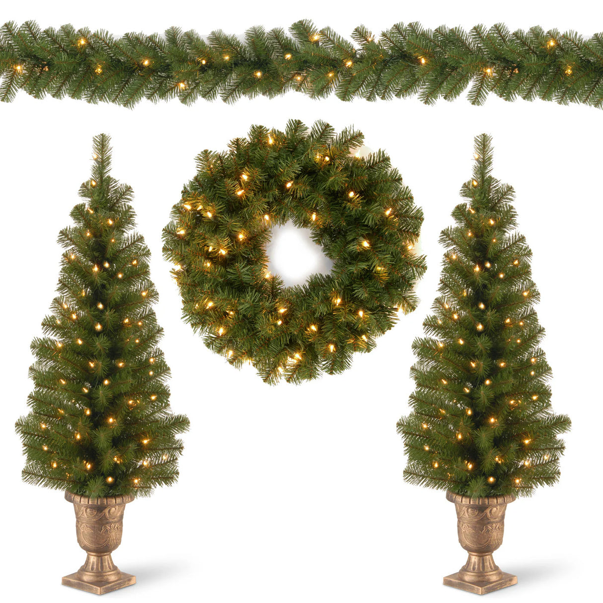 Pre-Lit Evergreen Assortment Set with 2 Entrance Trees, Wreath, and Garland