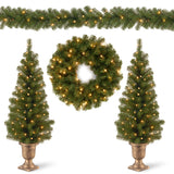 Pre-Lit Evergreen Assortment Set with 2 Entrance Trees, Wreath, and Garland