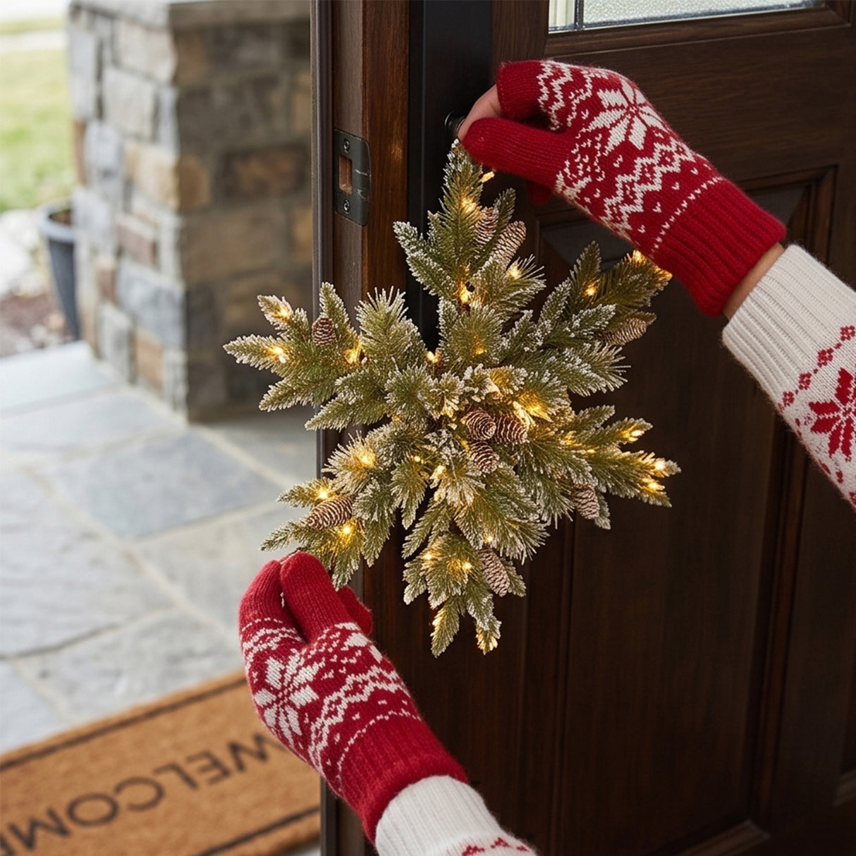 Pre-Lit Glittery Bristle Pine Snowflake Door Decoration with Warm White LED Lights, 70 Inch