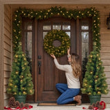 Evergreen Pre-Lit Holiday Assortment Set with Entrance Trees, Wreath & Garland, Battery Operated