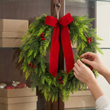 Pre-Lit Christmas Classic Wreath with Red Berries, Cypress & Bow, 24 Inch