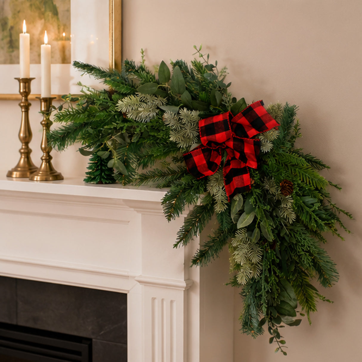 Mixed Pine Corner Swags with Buffalo Plaid Bow, 24 Inch Set of 2