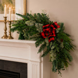 Mixed Pine Corner Swags with Buffalo Plaid Bow, 24 Inch Set of 2